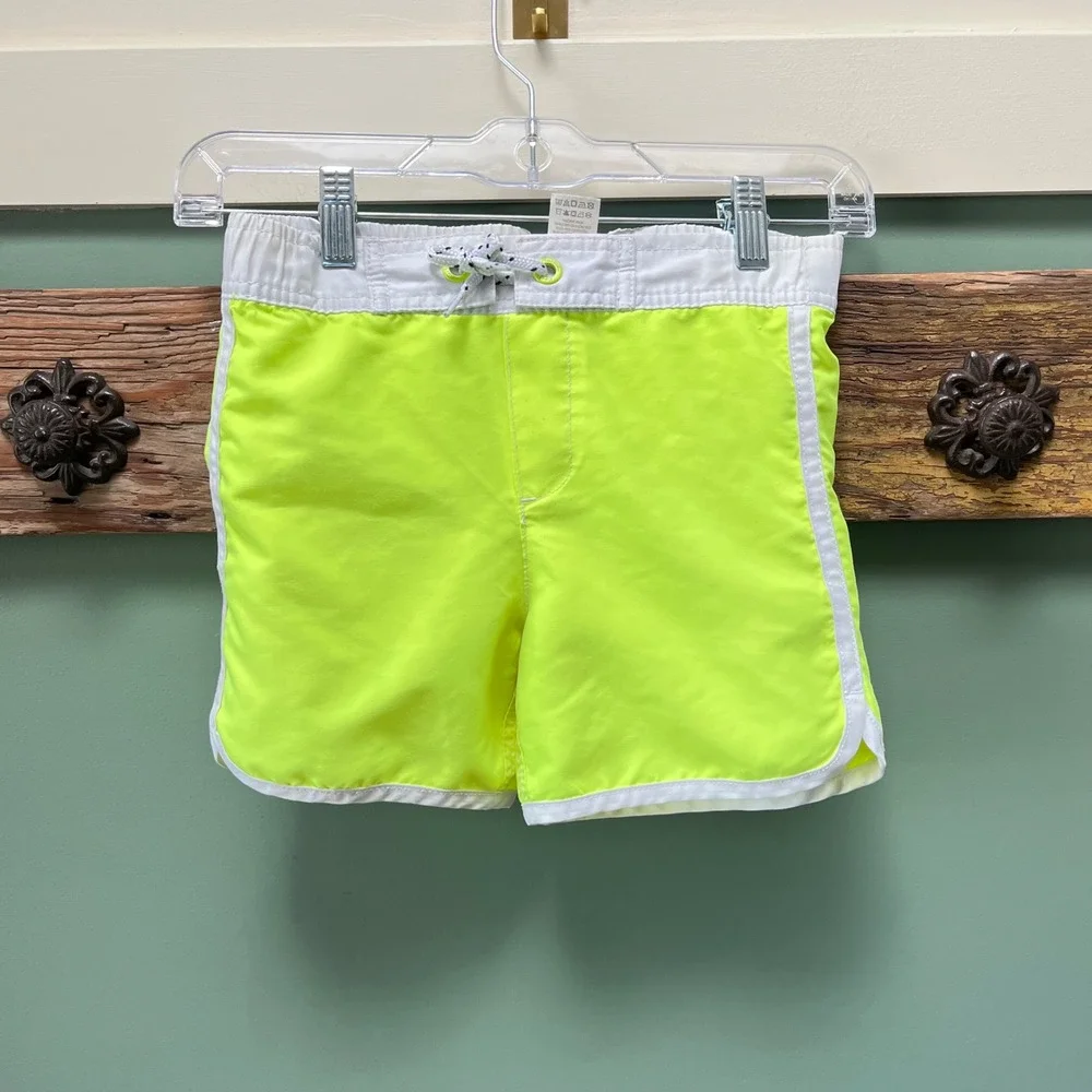 Mini Boden Boys‎ Neon Yellow Swim Trunks Board Shorts Size 5-6Y 116cm White Trim